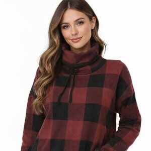 Adrienne Vittadini Women's Burgundy and Black Plaid Turtleneck Sweater Size XL